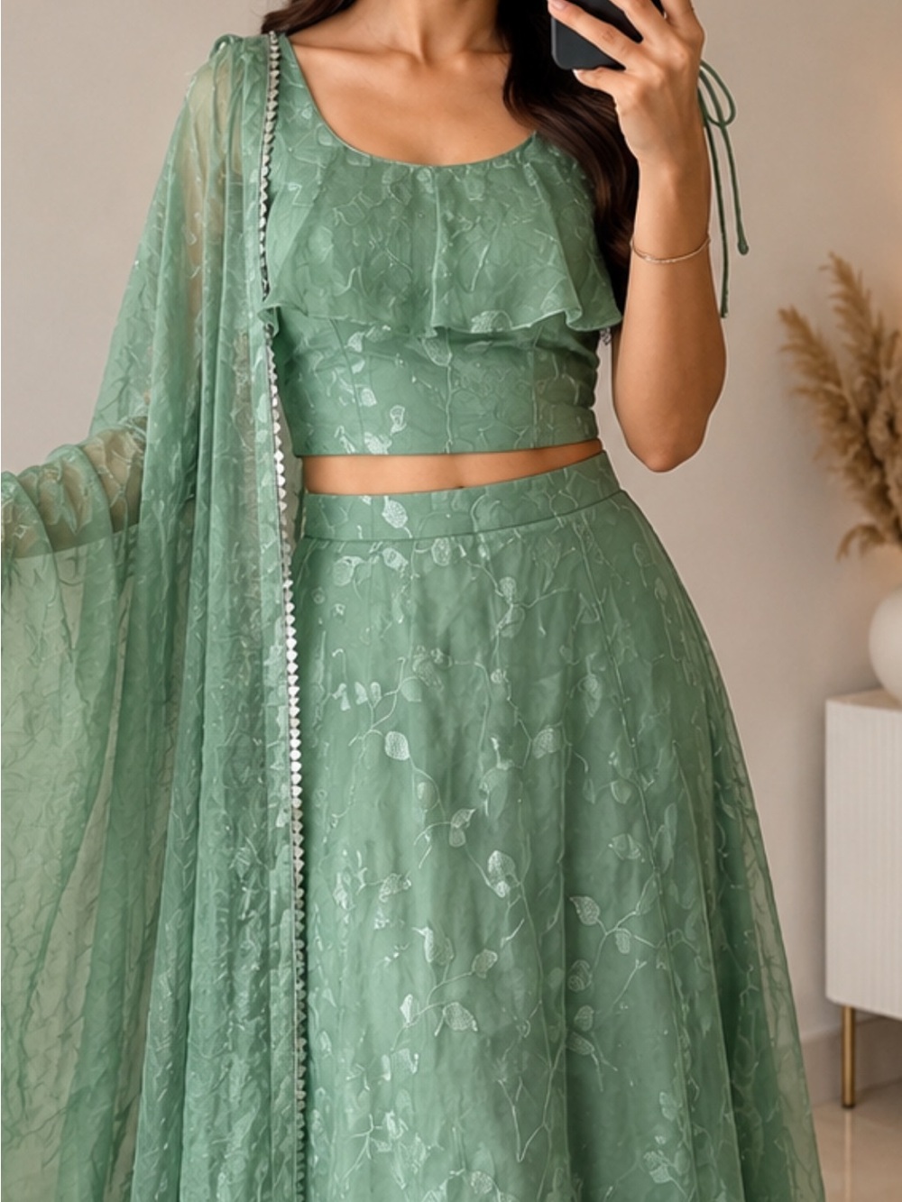 Ethnic Indian Wear Sage Green Floral A-Line Skirt Set